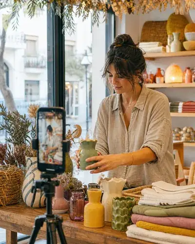 Comerciant local gravant novetats per a les seves xarxes socials