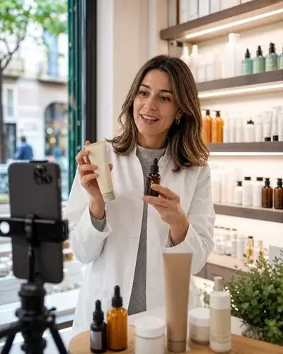 Farmacèutica creant un vídeo de recomanacions de cura personal