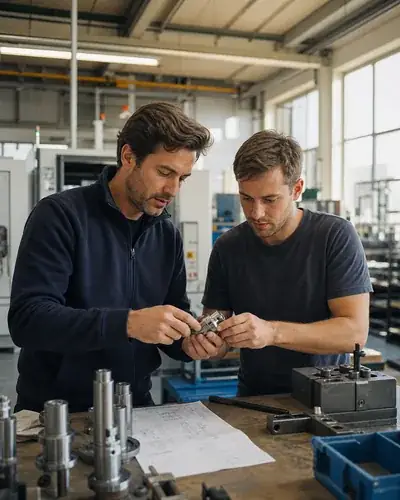 Dos enginyers revisant una peça en un taller industrial
