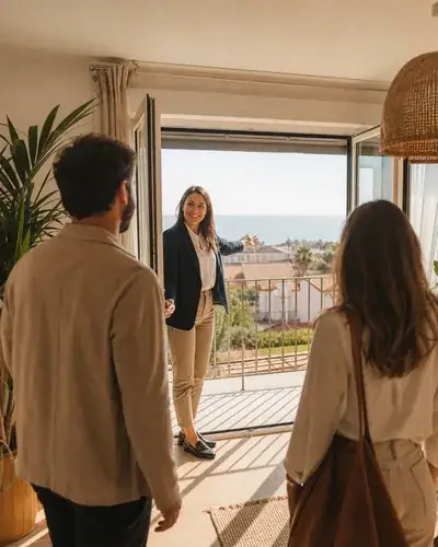 Parella visitant un habitatge mediterrani amb la seva agent immobiliària