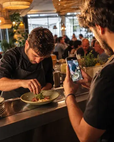 Cuiner de restaurant preparant un plat mentre es grava un vídeo per a xarxes socials