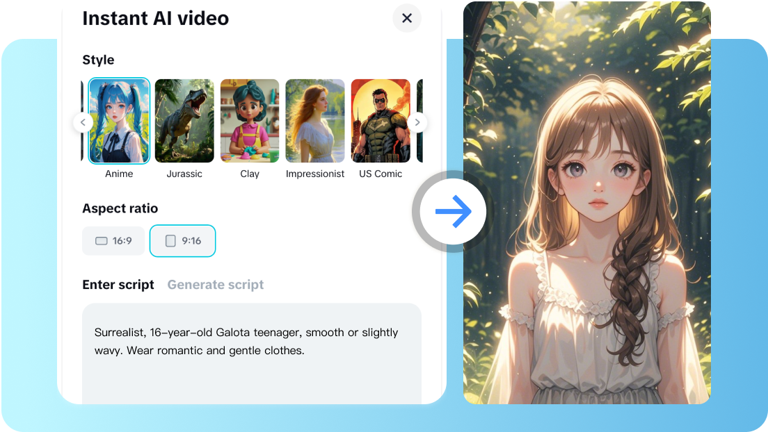 CapCut video styles and script panel