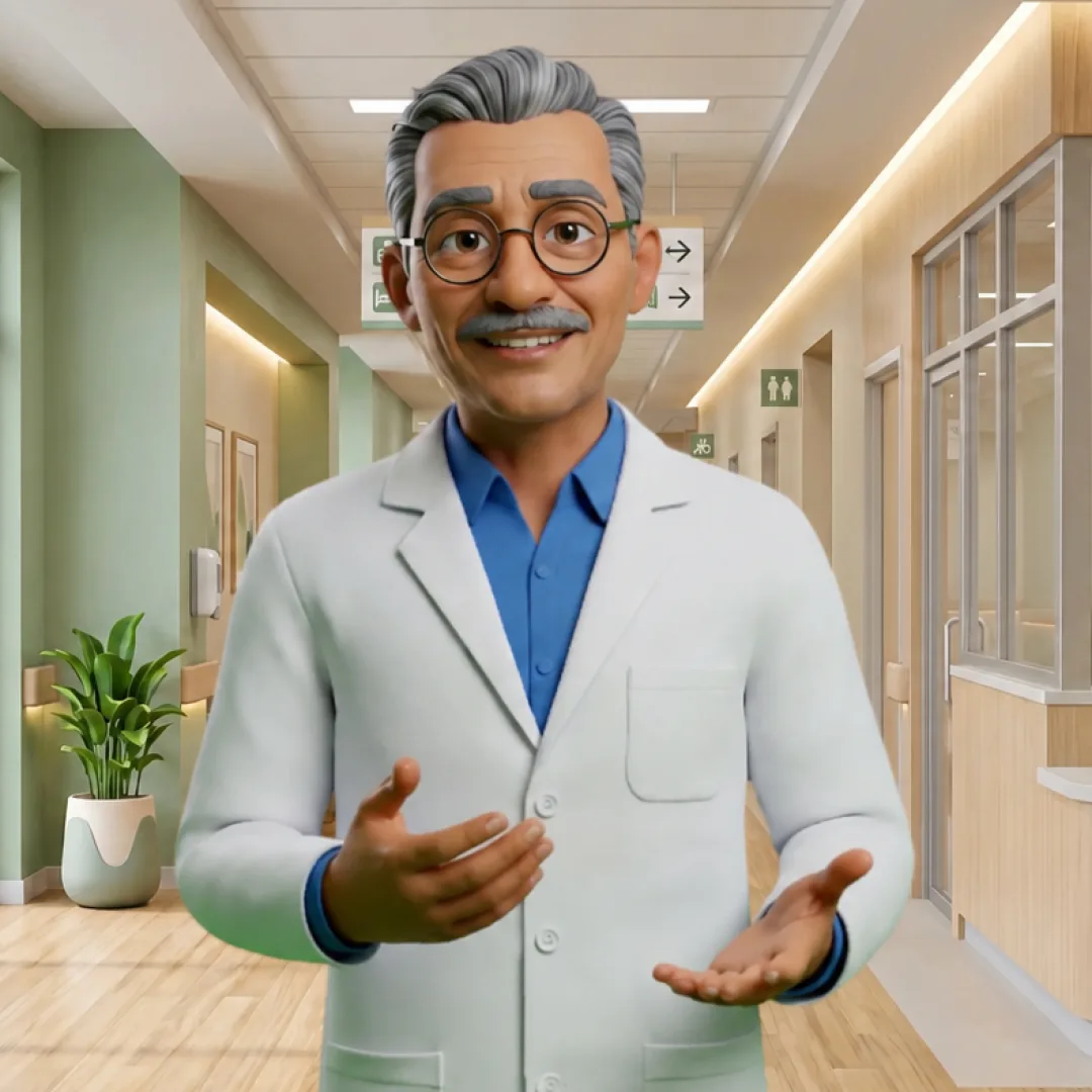 Colossyan illustrated presenter in a corridor