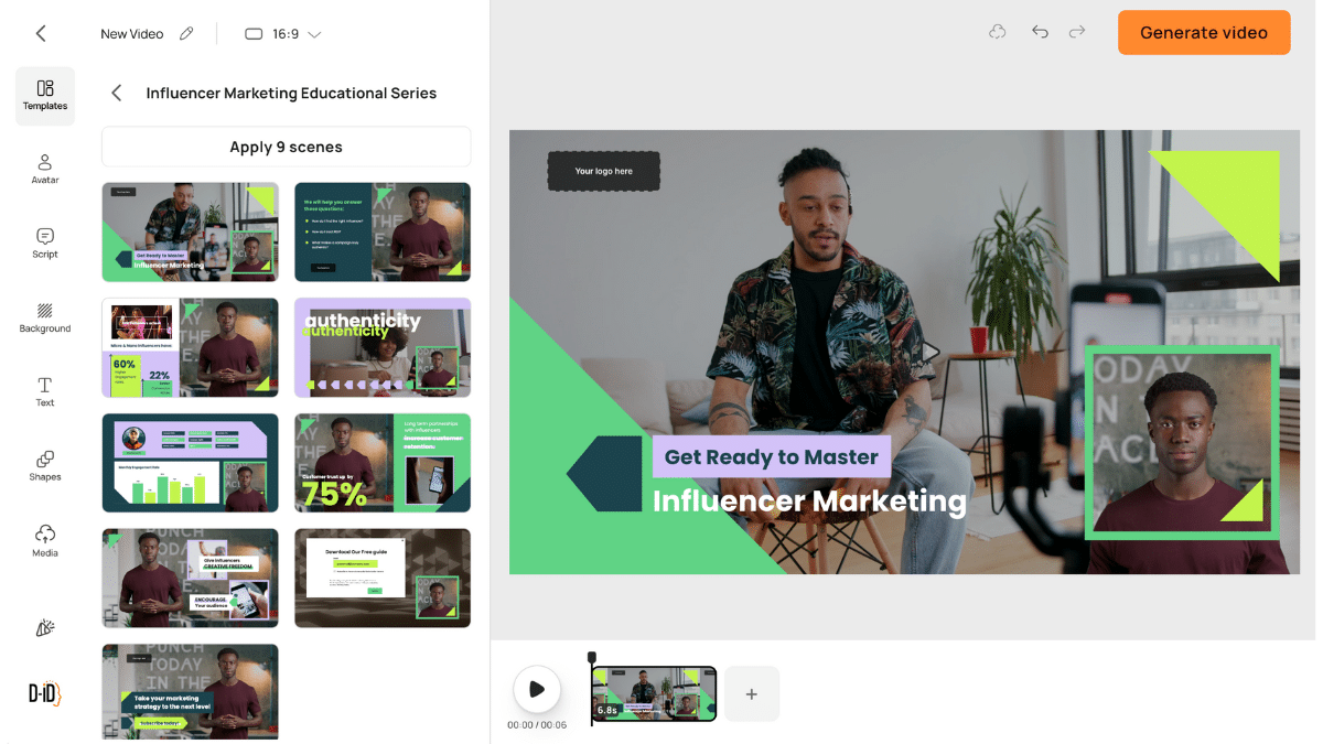 D-ID editor showing scenes in a marketing presentation
