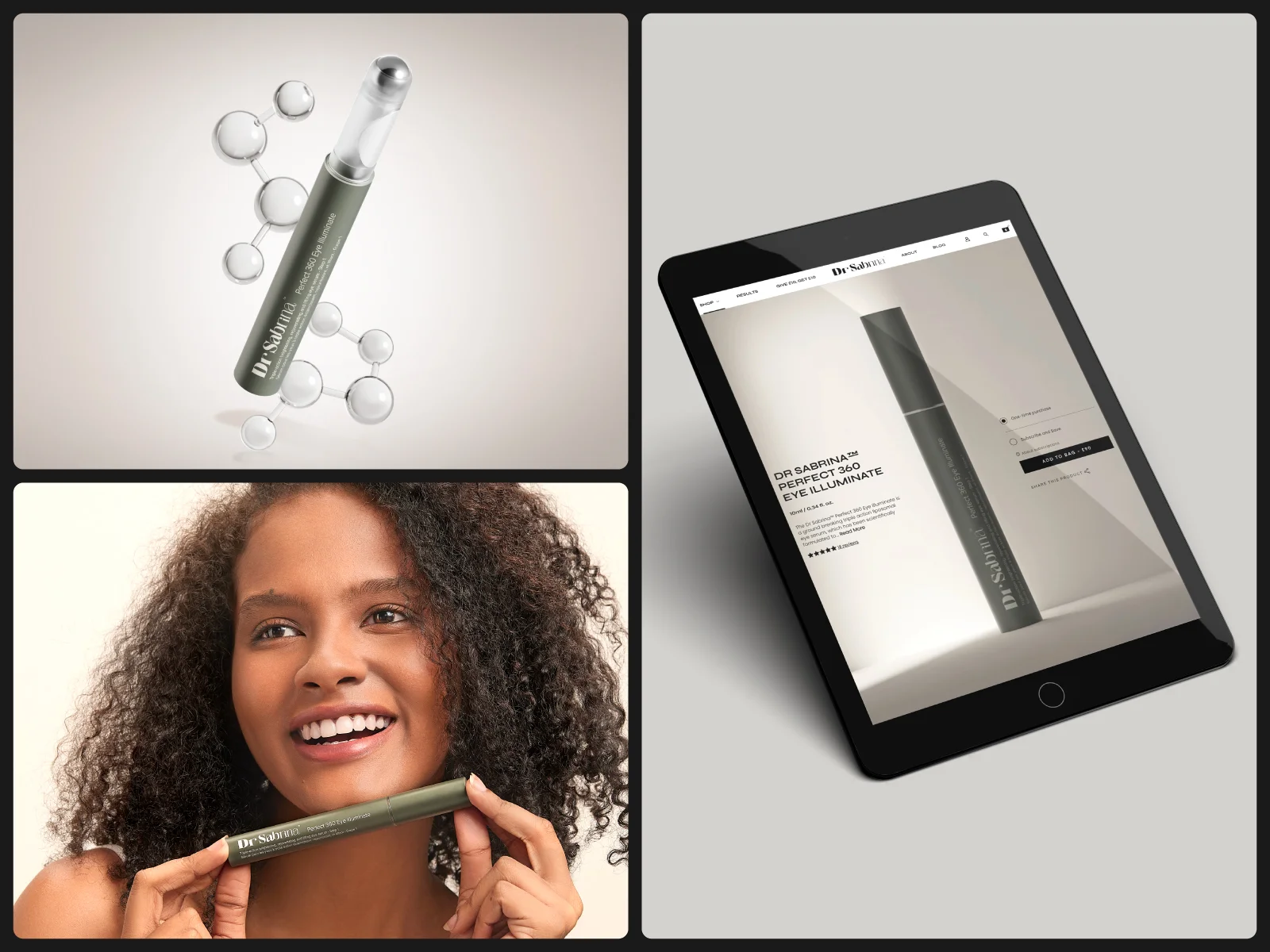 DR SABRINA presentation with a product, portrait and online shop on a tablet