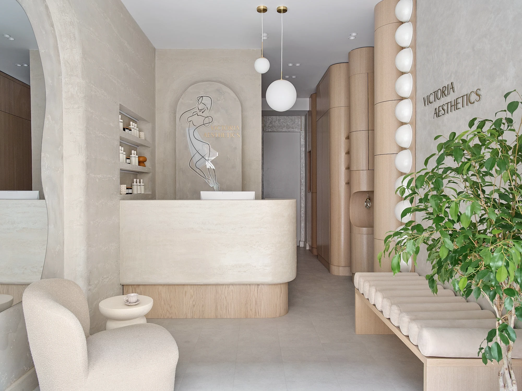 London clinic reception photographed by Anna Yanovski, with a curved desk and pale seating