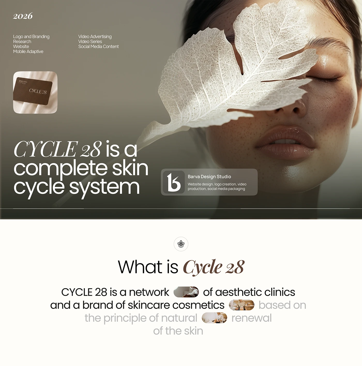Cycle 28 presentation with a portrait partly covered by a leaf and a brand introduction