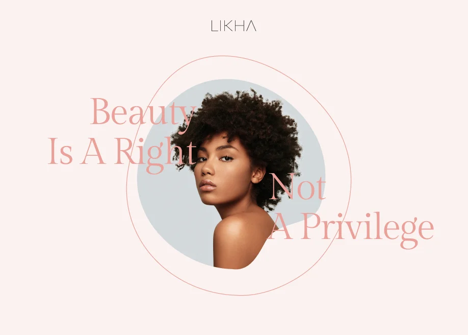 Likha reference with a circular portrait, coral typography and a pale background