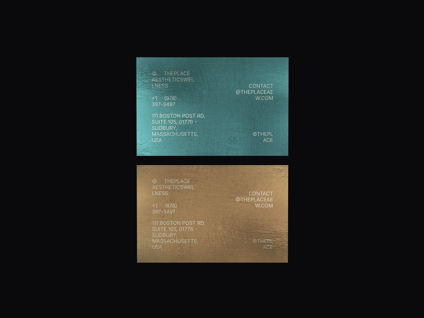 Two The Place card applications with metallic finishes and a shared visual system