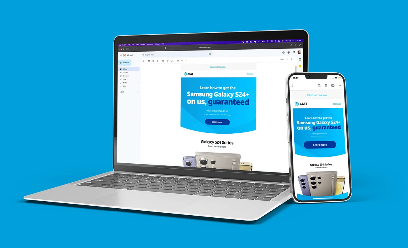 AT&T email presented on a computer and phone with a blue visual system
