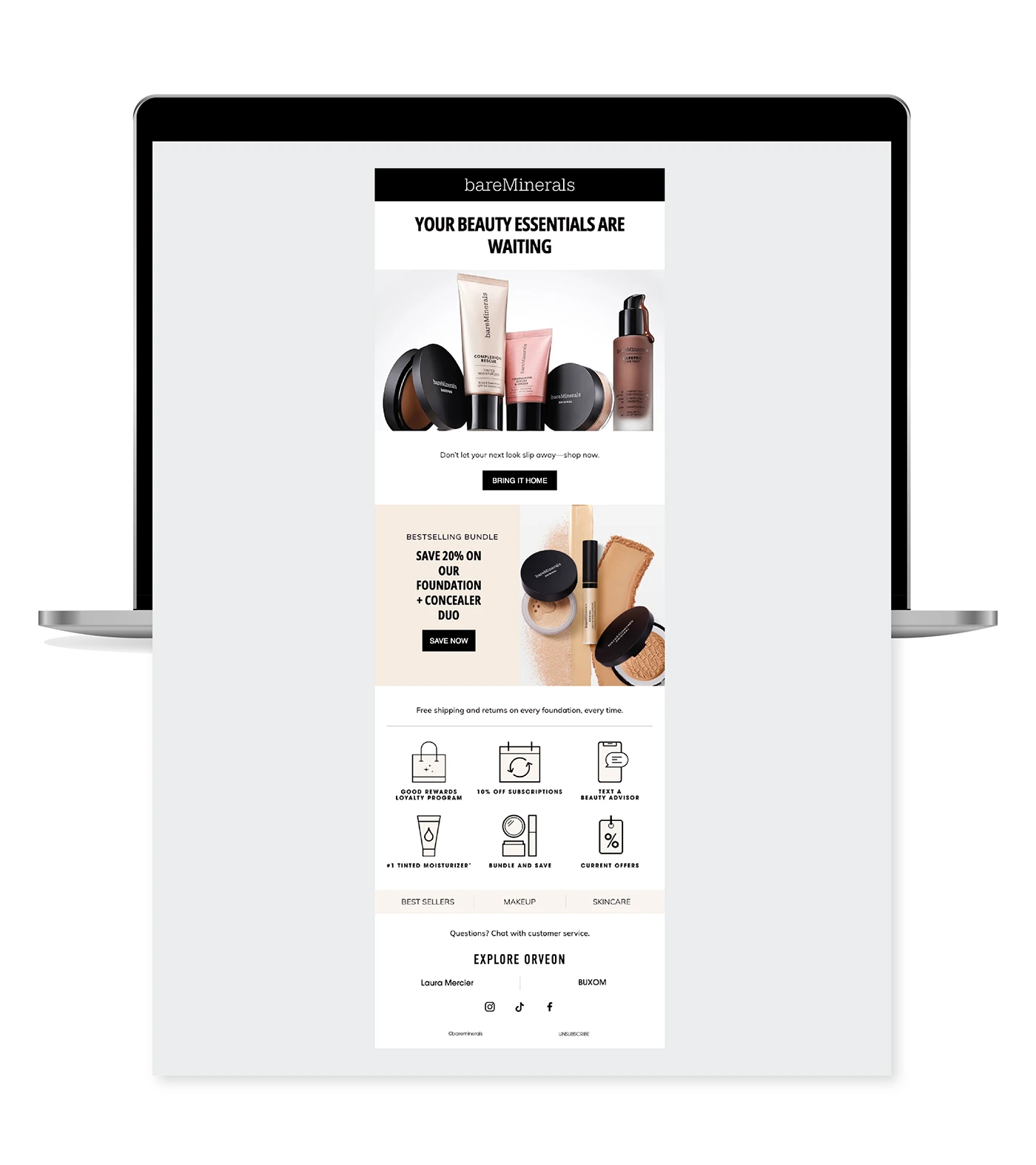 bareMinerals email on a computer with products, a main button and information modules