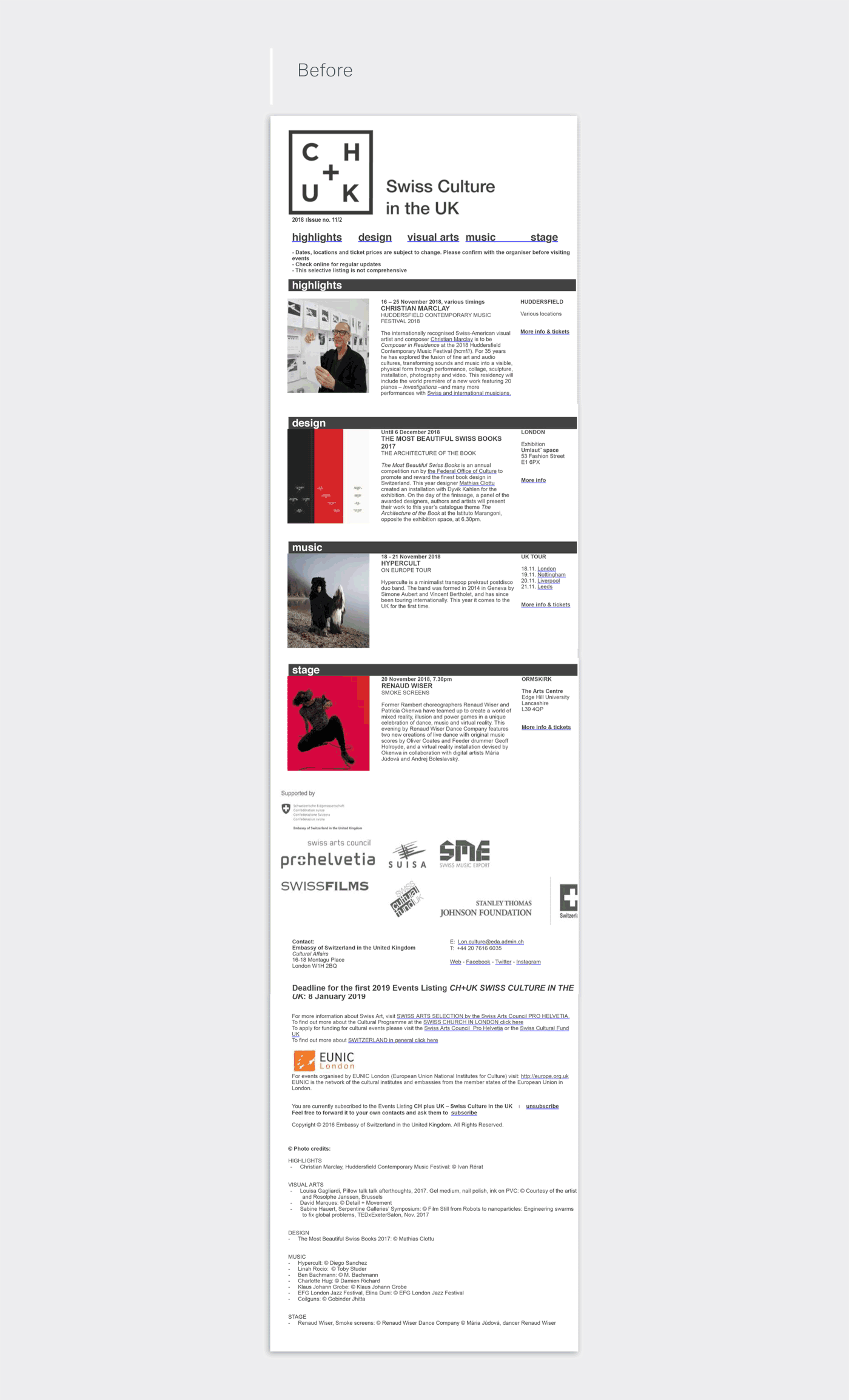 Animated before-and-after comparison of the CH+UK cultural newsletter designed by on-IDLE and Jade Innes