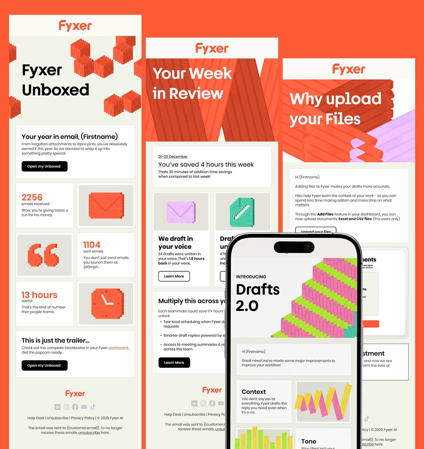 Fyxer email system designed by James Jones with orange backgrounds, clear modules and a mobile layout
