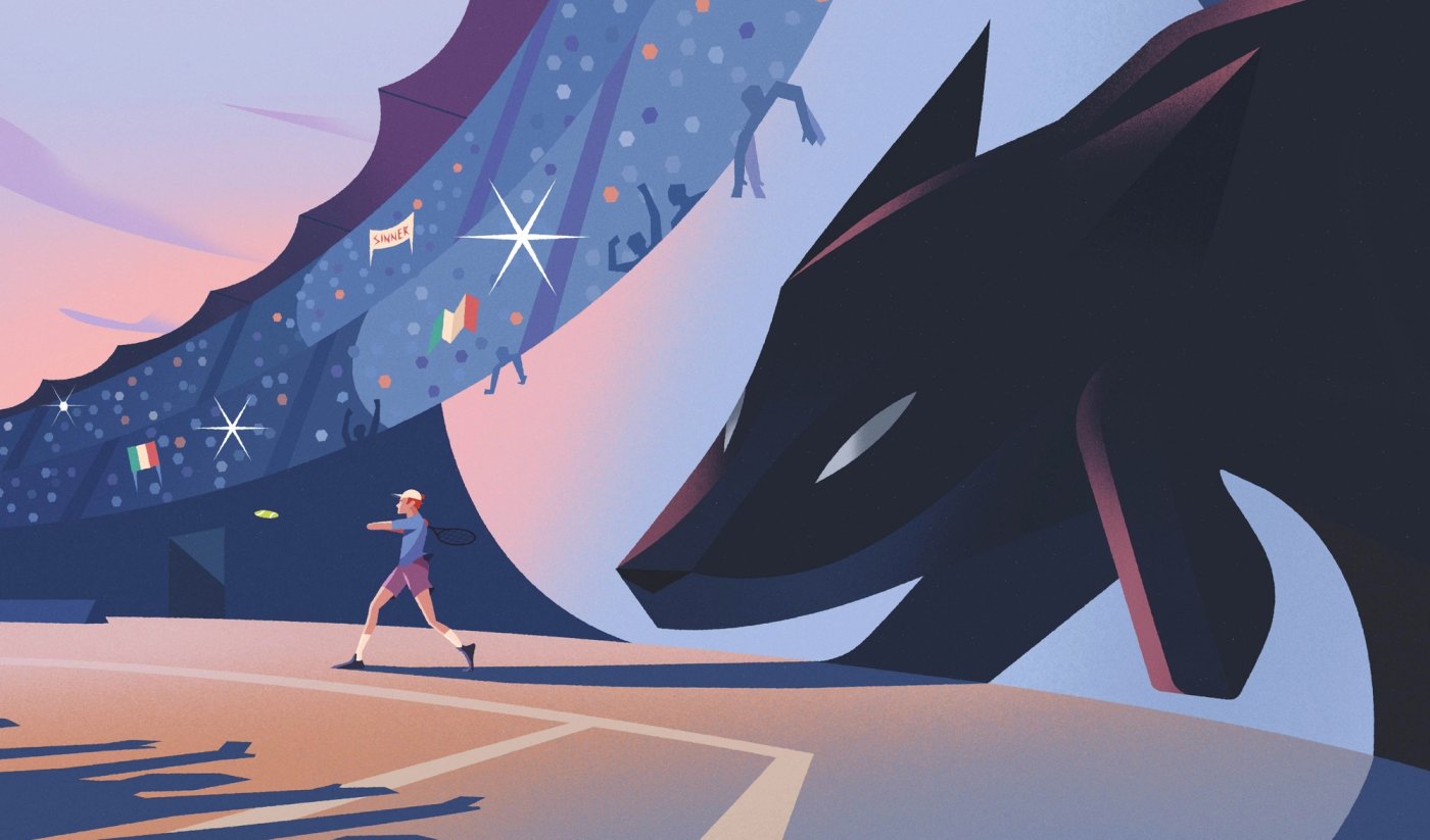Illustrated tennis scene with a giant wolf in the Australian Open campaign