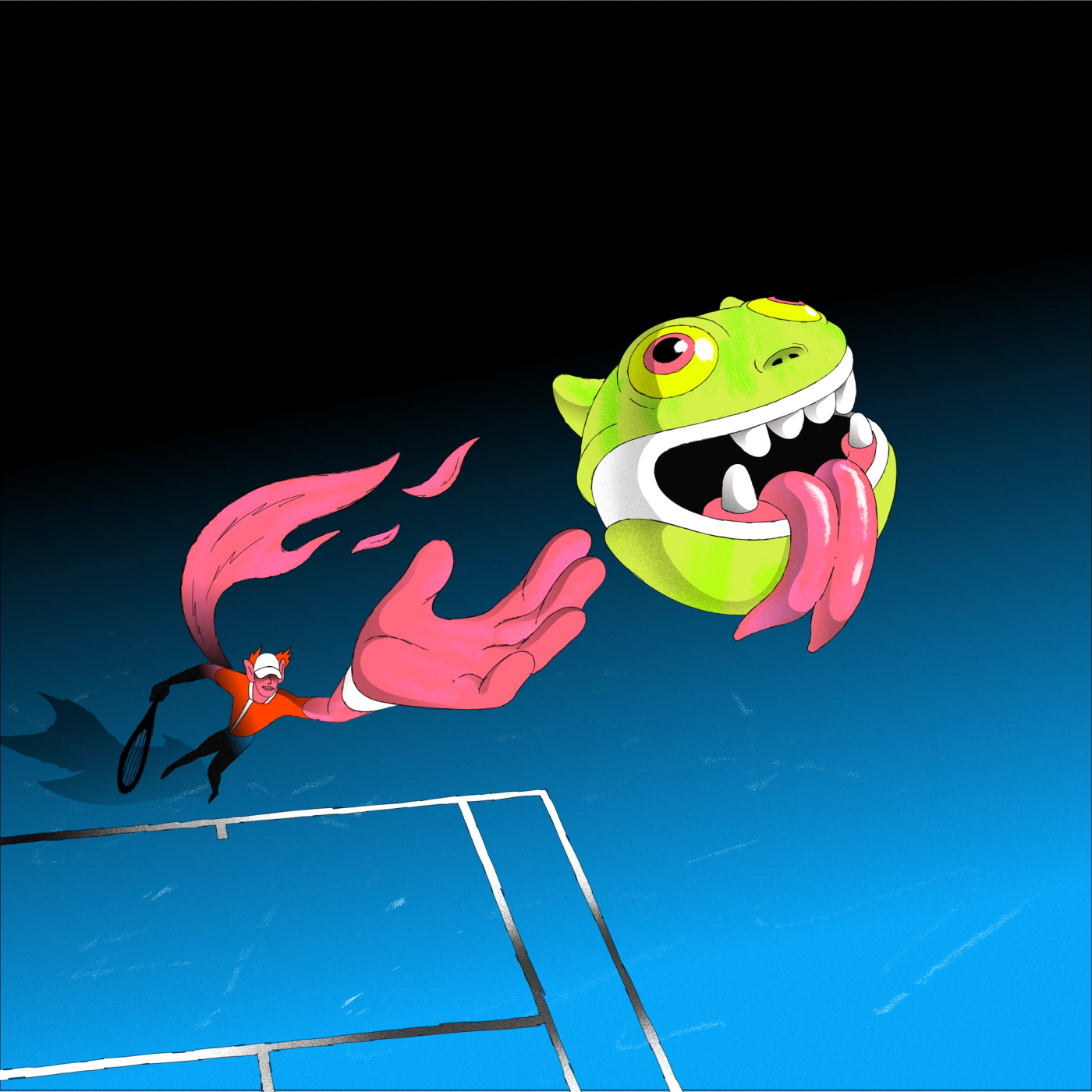 Green and pink fantasy character in a BUCK animation scene for Australian Open