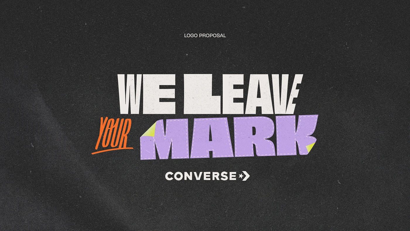 Converse We Leave Your Mark typography in white, orange and lilac