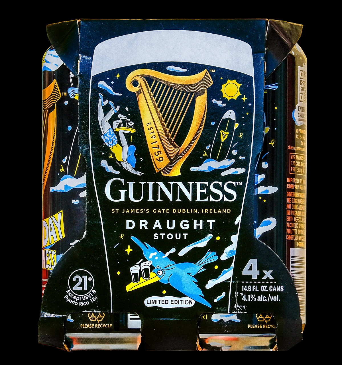 Black Guinness packaging with blue and yellow illustrations by Sebastian Curi