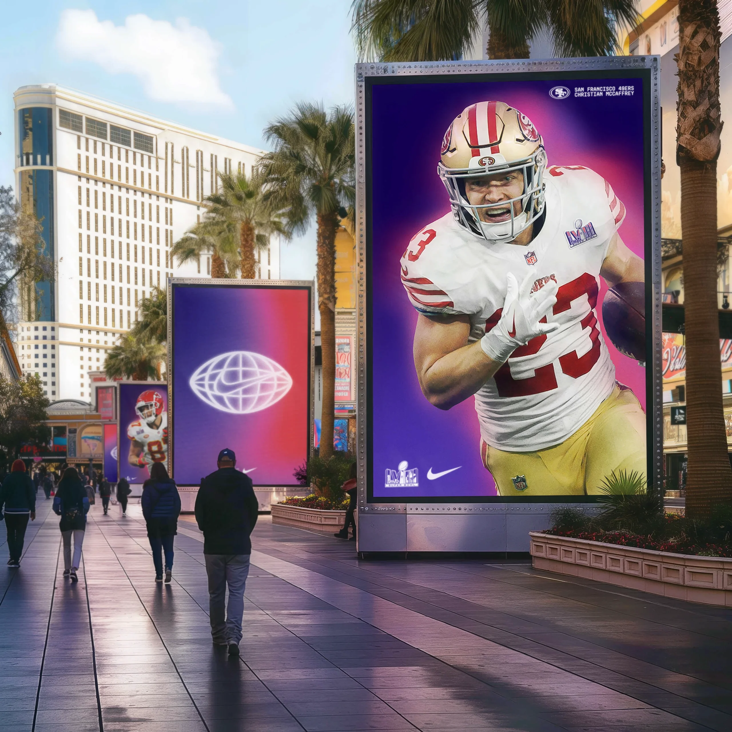 Nike outdoor advertising for Super Bowl LVIII in Las Vegas with players and violet graphics