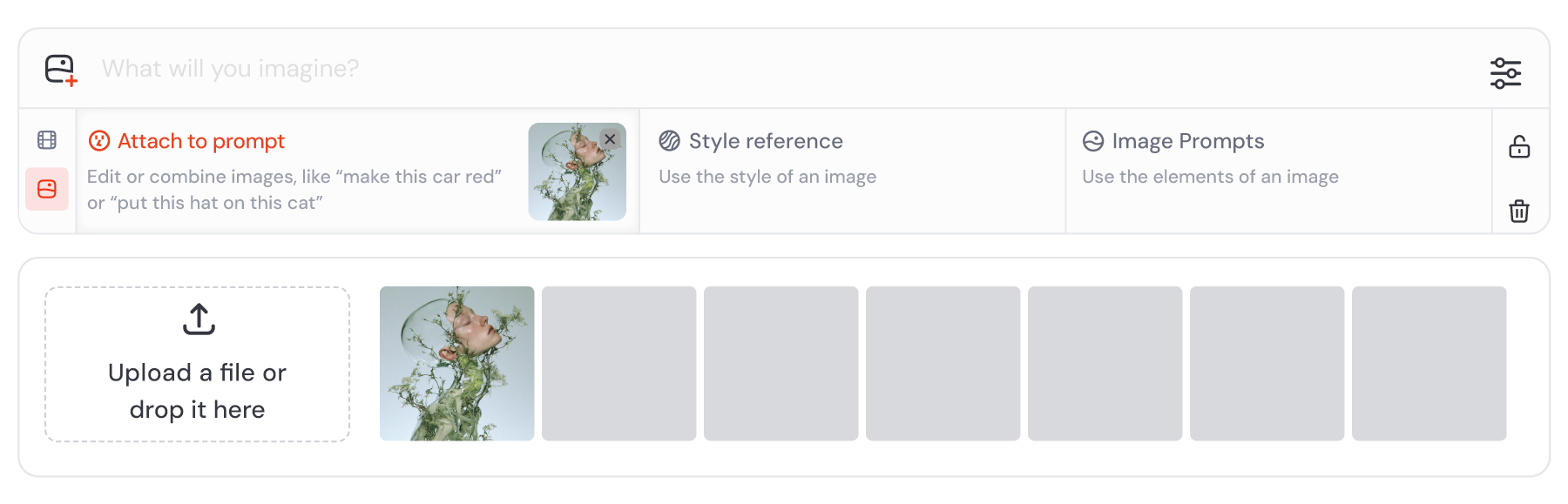 Panel for attaching reference images in Midjourney