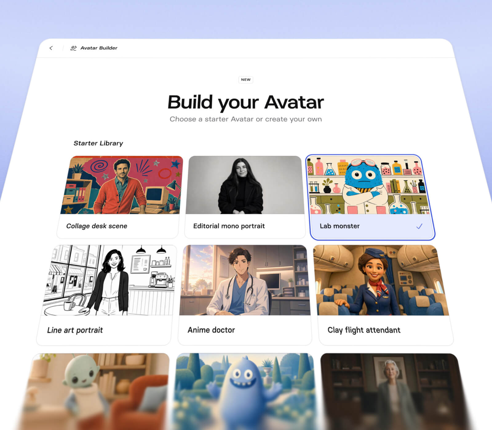 Synthesia Avatar Builder interface showing character styles