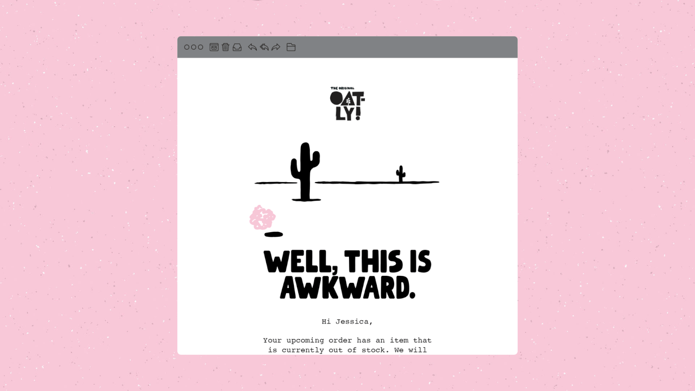 Animated Oatly digital application with a cactus illustration and service message