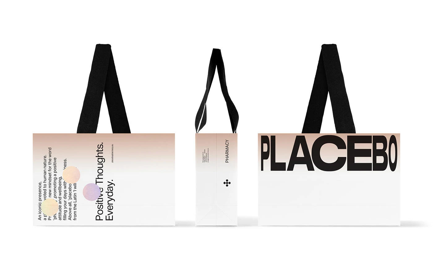 Bosses de Placebo Pharmacy amb tipografia i una identitat coherent, dissenyades per Luminous Design