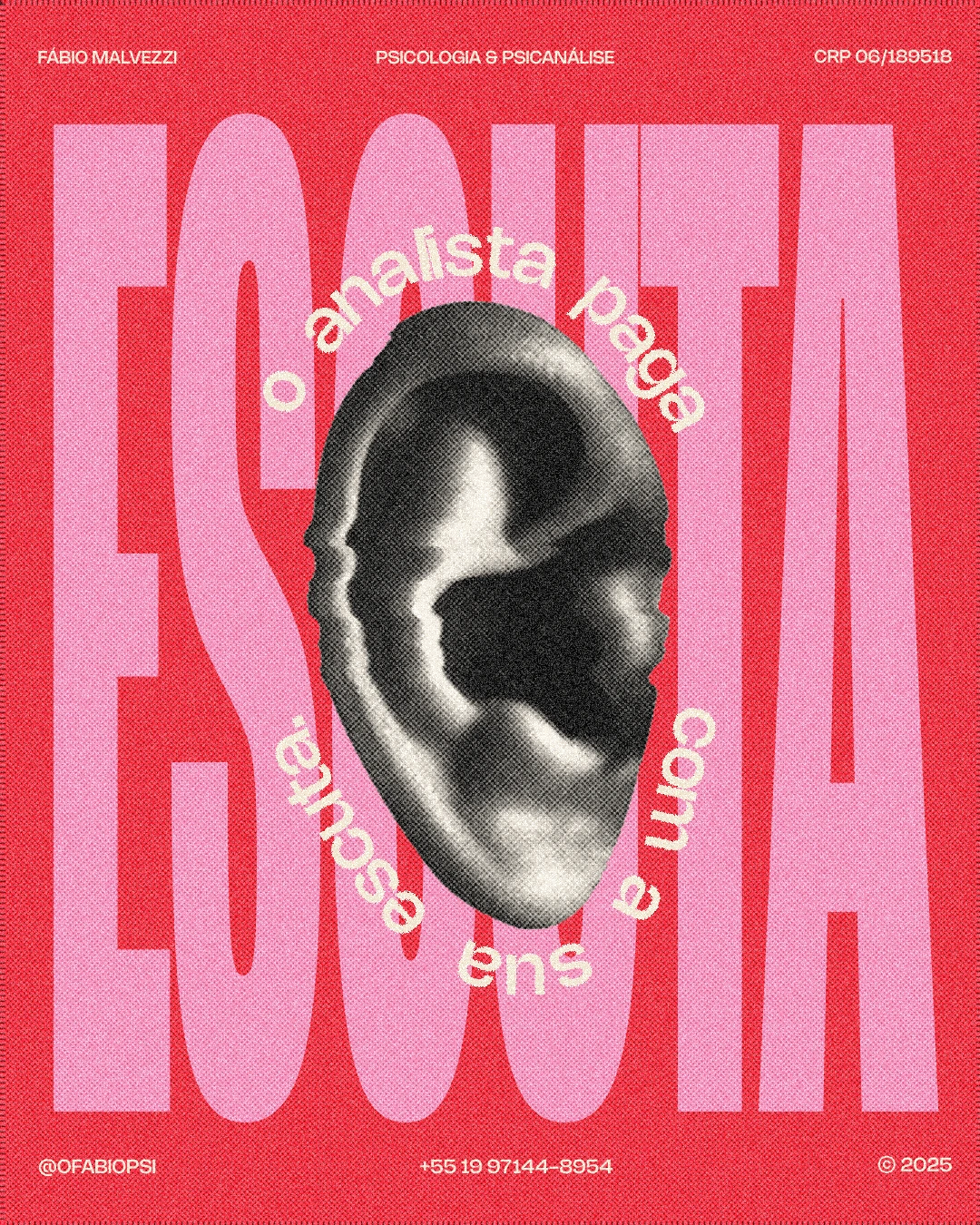 Oversized red type and an ear collage in a Fábio Malvezzi social media piece