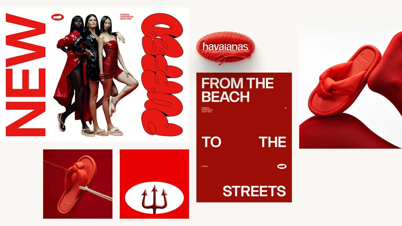 Havaianas Puffed campaign system with fashion photography, product imagery and red dimensional lettering