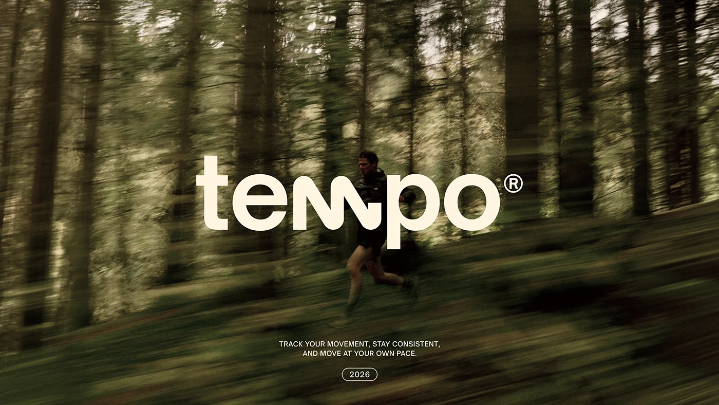 Tempo identity over a photograph of a runner in a forest