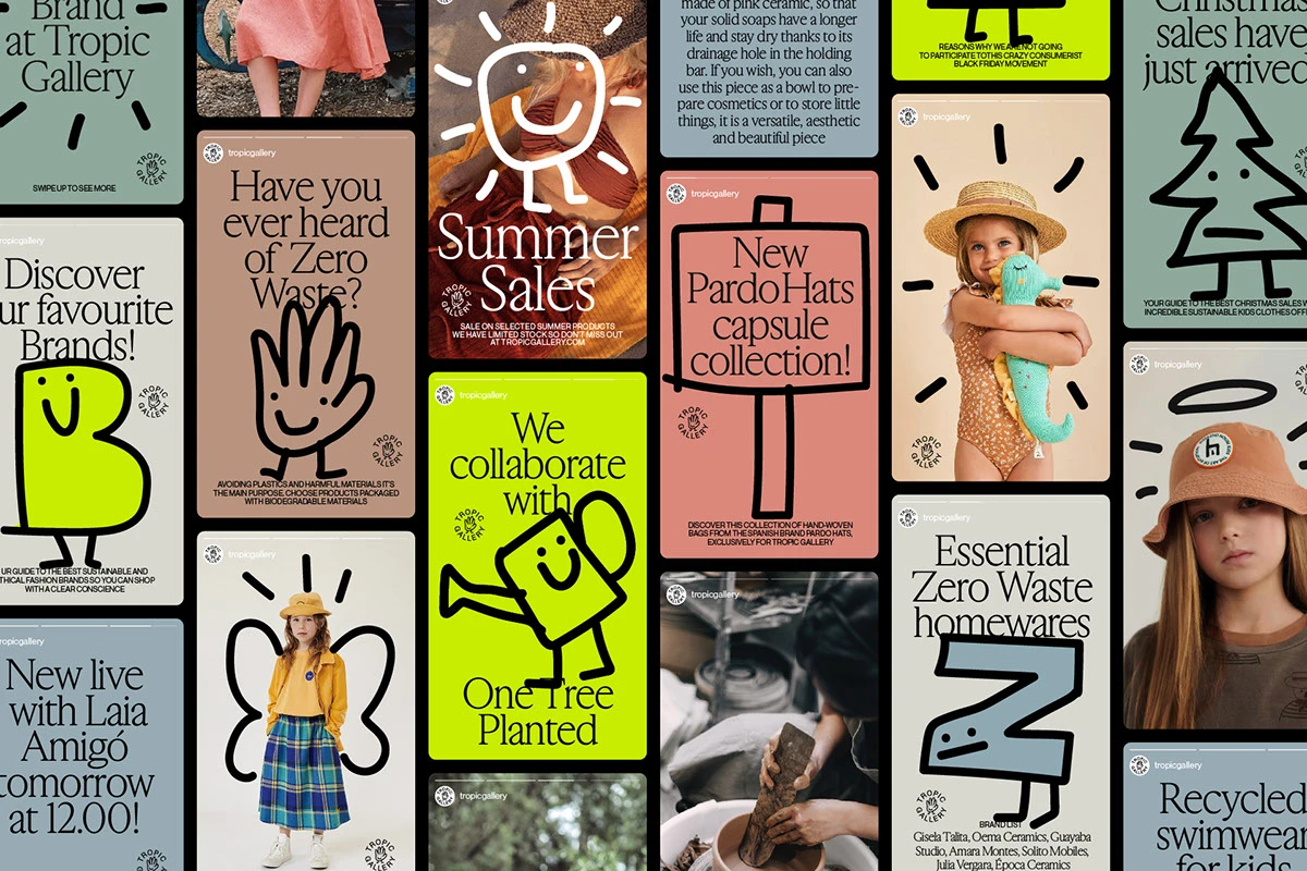 Tropic Gallery social posts featuring illustrations, photography and headlines