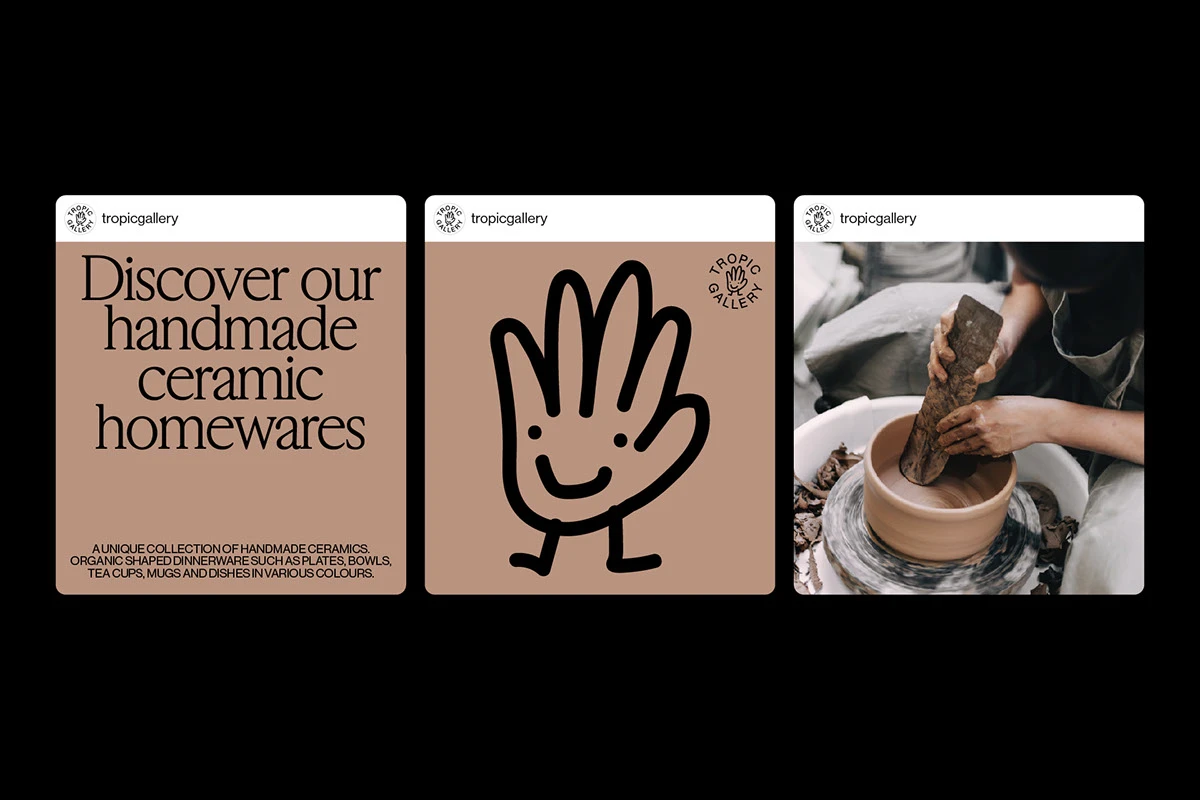 Three Tropic Gallery posts with ceramics, a hand illustration and process photography